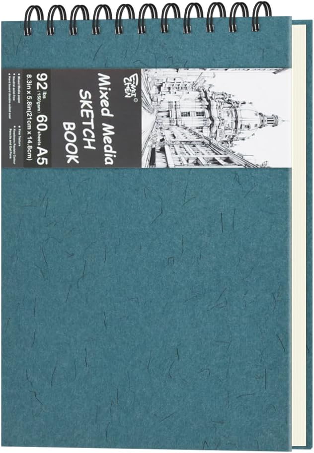 8.3" x 5.8" Hardcover Sketchbook, Top Spiral Bound Art Journal Sketchbook, 60 Sheets 92LB/150 GSM Acid-Free Drawing Neutral White Mixed Media Paper for Adults Beginners Artists.Blue Green
