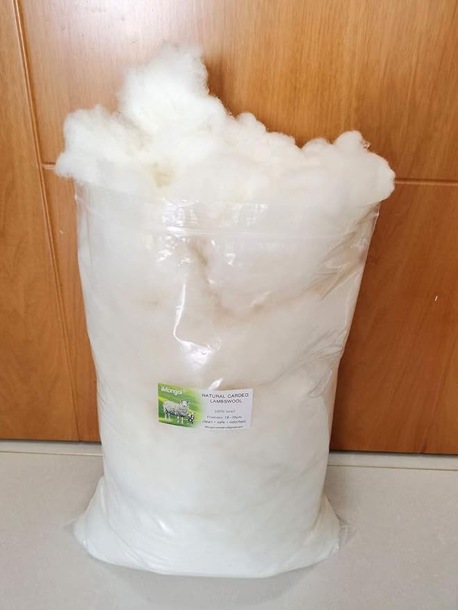 iMongol Carded Lambs Wool Stuffing Batting for Needle Felting, Knitted Crafts, Bright Creations, Pillow Filler, Stuffed Animals, Cushions,Super Clean Fine, Natural White(4oz)