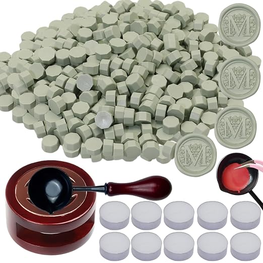 Sage Geen Sealing Wax Beads, ONWINPOR 400pcs Wax Seal Kit with Warmer, Non-Slip Spoon, Candles for Envelopes, Stamp Letter Seal,Wedding Invitations (Vanilla Green)