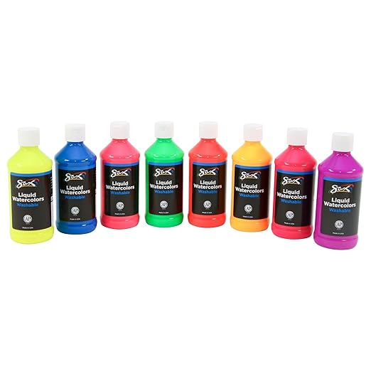 Sax Liquid Washable Watercolor Paint for School and Arts and Crafts Use, Assorted Fluorescent Colors, 8 Ounce Bottles, Set of 8
