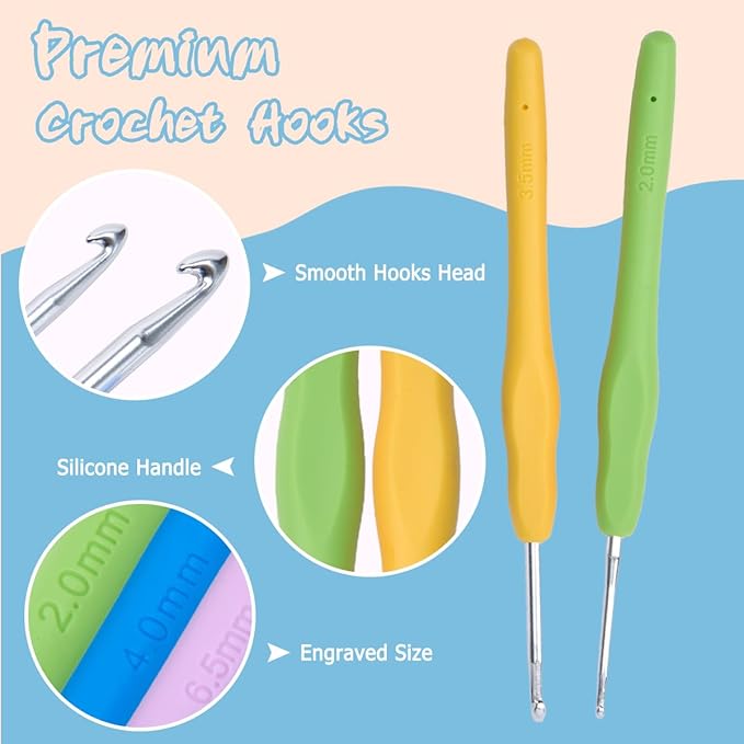 LeCorner Crochet Hooks, 12 Sizes Ergonomic Crochet Hook Set, 2mm-8mm Soft Grip Crocheting Needles Kit for Beginners Arthritic Hands with Knitting Accessories Stroage Bag