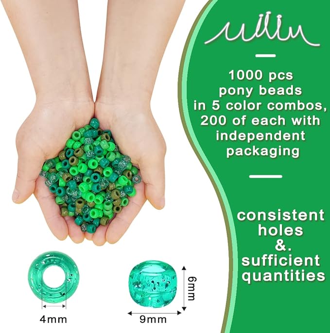 MIIIM 1000PCS 6x9mm Pony Beads Bulk, 5 Styles Green Pony Beads for Bracelets Making Kit, Kandi, Hair Braids Crafts for Jewelry Making (Green)