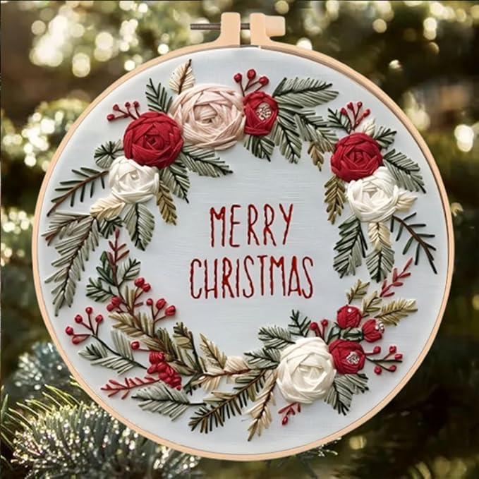 Huacan Embroidery Kits for Adults Beginner DIY Cross Stitch Stamped Christmas Pattern Stitching Wreath Sewing Kit 1 Piece 7.8 x 7.8 Inch