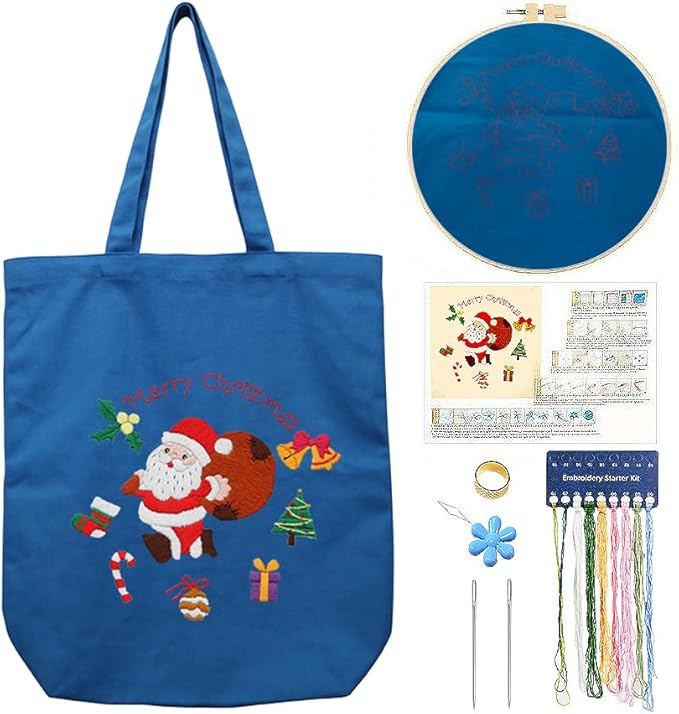 CREAWONDER Canvas Tote Bag Embroidery Kit with Pattern for Beginners, Arts and DIY Embroidery Crafts Kits for Adults, Include Instructions, Thimble, Embroidery Hoops, Color Threads and Tool