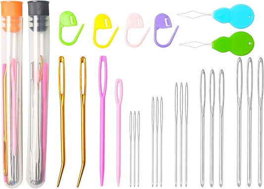 Hekisn 45Pcs Large Eye Blunt Yarn Needles kit, Assorted Sizes Bent Tapestry Darning Needle, Sewing Needles with Needle Threaders & Stitch Markers for Knitting Crochet (Orange&Black)