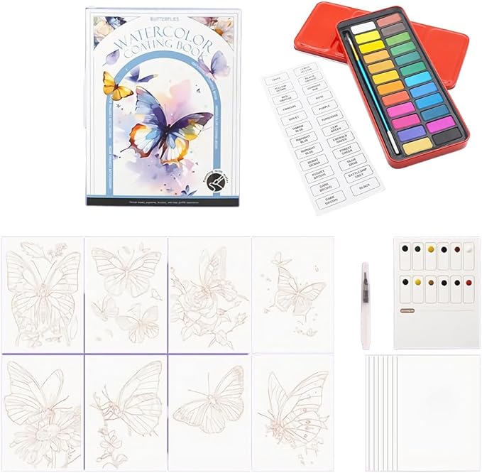 RGBMIX Watercolor Coloring Book for Adults Stress Relief Foldable Painting Pad with 24-Color Paint (Butterfly)