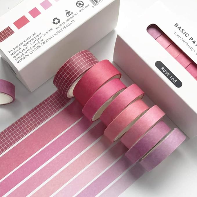 ZDOLAKIDS 8 Rolls Washi Tape Set Basic Solid Color Rose Red Adhesive Decorative Label Masking Tapes for DIY Scrapbooking Journaling Planner Letter Envelope Art Craft Cards