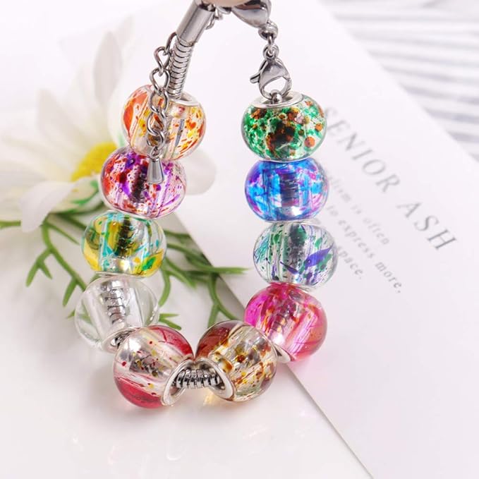 AIPRIDY 100Pcs 15x11mm Painting Murano Large Hole Glass Beads Mix Color with Silver Brass Cores European Charm fit Bracelet Necklace (Paint Splatter Glass)