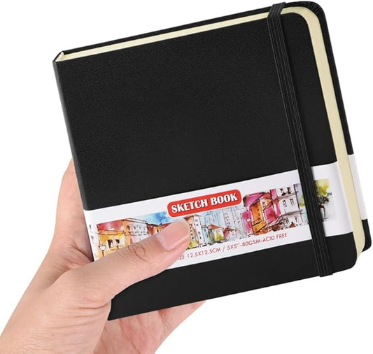 Square 5x5 inches 80gsm 96sheets/192 Pages Notebooks Blank Sketchbooks Travel Journal Pocket Hardcover Paint Writing Diary Memo Planner PU Leather Cover. Black