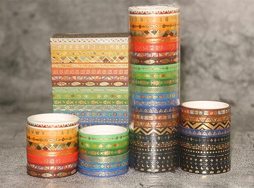 YUBBAEX 26 Rolls Indian Washi Tape Set, 5MM Wide Folk Totem Foil Gold Thin Decorative Masking Washi Tapes for Journal,Scrapbook, Planner, DIY Crafts