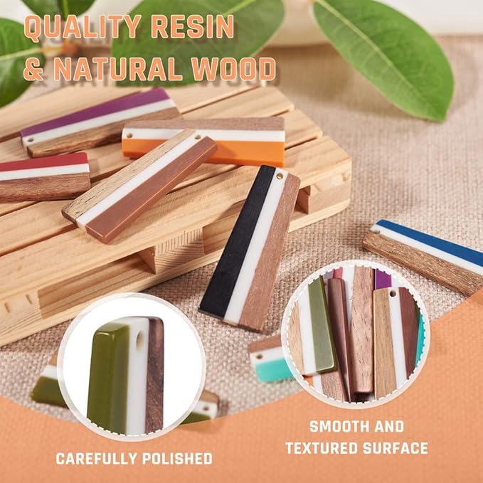 Beadthoven 16pcs/8 Pairs Natural Wood Resin Charms Colorful Striped Trapezoid DIY Earrings Pendants Mixed Vintage Wooden Pieces Tag Pendants for Statement Jewelry Making Bohemian Earrings Findings