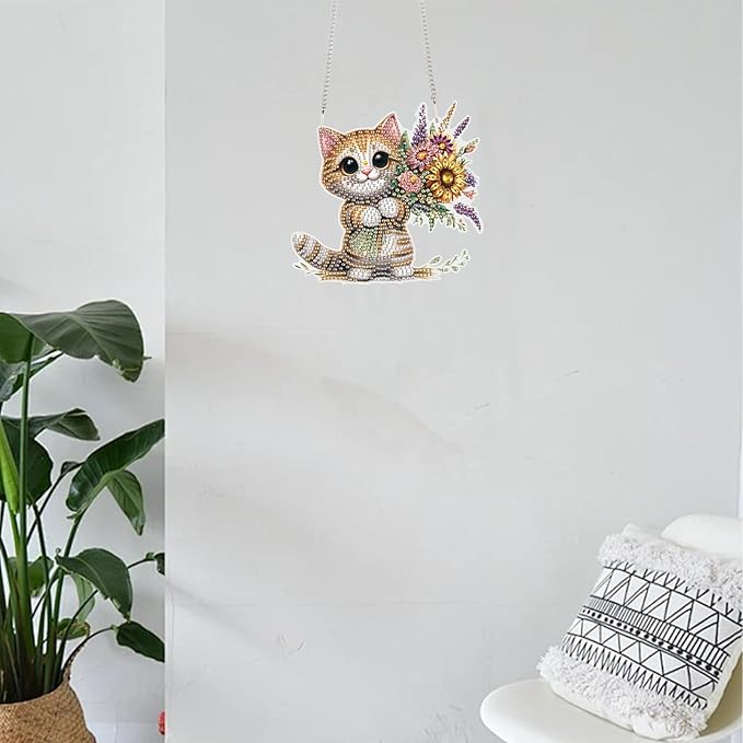 TDFERAN Diamond Art Hanging Pendants Cat Mosaic Making Kits by Kits Home Decoration Pendant Diamond Art Hanging Sign Onament Art Wind Chimes Hanging Pendants for Wall Home Decor