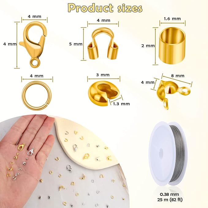 Acejoz 1200 Pcs Crimp Beads Supplies for Jewelry Making, Including Crimp Covers, Crimp Tubes and Wire Guardians, Lobster Clasps, Jump Rings, Crimping Pliers and Beading Wire for Bracelets Making