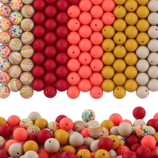 150Pcs Mixed Color 15mm Silicone Beads for Keychain Making, Orange Mustard Yellow Print Silicone Beads for Pens and Bracelet Jewelry Making
