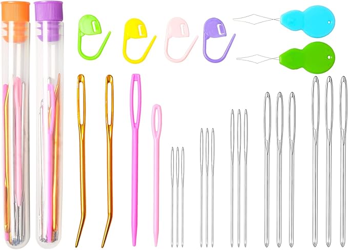 Hekisn 45Pcs Large Eye Blunt Yarn Needles kit, Assorted Sizes Bent Tapestry Darning Needle, Sewing Needles with Needle Threaders & Stitch Markers for Knitting Crochet (Orange&Purple)