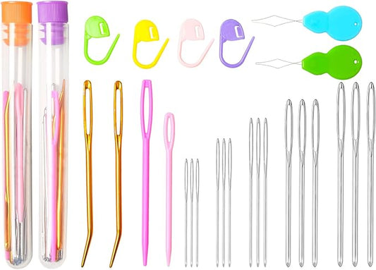 Hekisn 45Pcs Large Eye Blunt Yarn Needles kit, Assorted Sizes Bent Tapestry Darning Needle, Sewing Needles with Needle Threaders & Stitch Markers for Knitting Crochet (Orange&Purple)