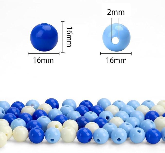 bonny boxx 60pcs 16mm mixed color acrylic round beads, assorted plastic loose gumball bubble gum beads bulk with hole for jewelry diy making crafting supplies (blue series)