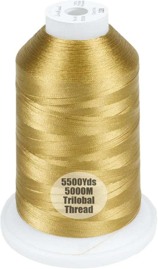 Simthread Trilobal Polyester Thread – 5000M (5500yds) No.40 – Super Sheen, Tangle-Free – Built-in Thread Lock Spool – Compatible with Brother, Singer, Janome & More, Brass-328