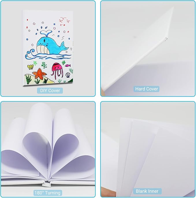 zmybcpack 6 pack white hardcover blank book 7x10 inch, hardcover blank book for students to write stories, blank draw sketchbooks journal (white, 22 sheets/ 44 pages each)