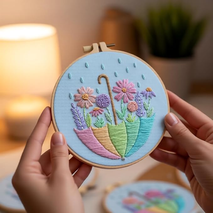 JJFox Embroidery Kit for Beginners and Adults, DIY Hand Embroidery Starter Kit with Cute Pattern, Cross Stitch Needlepoint Set with Hoop, Threads and Instructions (Flower-3)