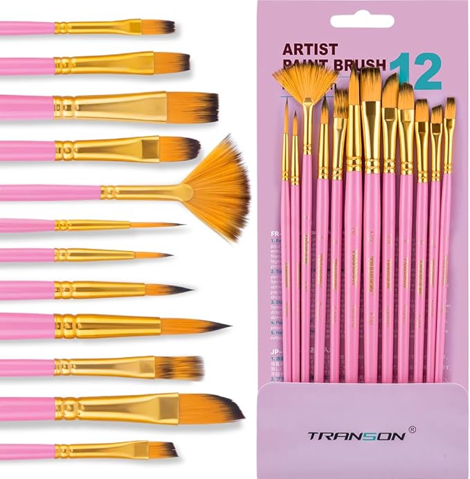 Transon Artist Paint Brush Set of 12 for Acrylic Watercolor Gouache Oil Craft Painting Pink