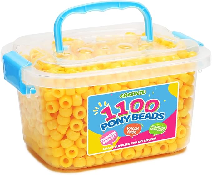 gaganiu pony beads 1100+ pcs – yellow plastic kandi beads in jar for bracelets, hair braids, jewelry making & diy crafts