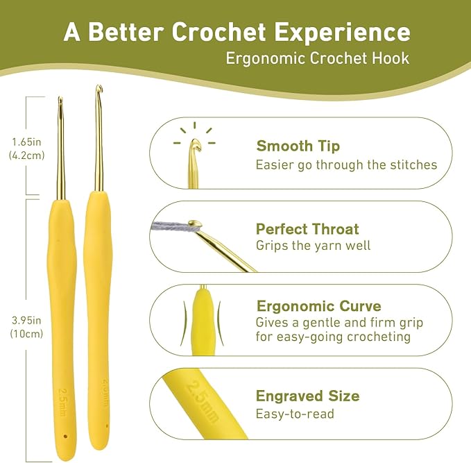 2.5mm Crochet Hook, Supers Smooth 2.5 mm Ergonomic Crochet Hooks for Beginner, Comfort for Arthritic, 1 Pack