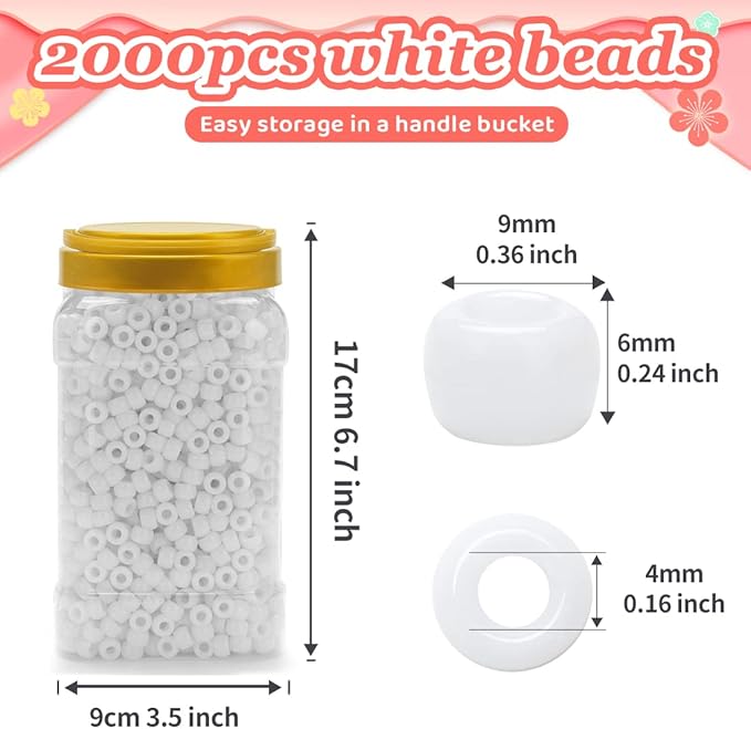 iooleem pony beads(2000pcs white pony beads), beads for bracelets making, beads for crafts, beading supplies, friendship bracelets making.