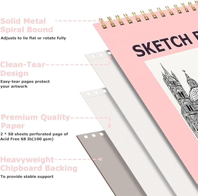 9" x 12" sketch book, 2-pack 50 sheets spiral bound art sketchbook, acid free artist drawing book paper, art supplies for kids, craft activities, sketch paper for drawing coloring sketching(pink)