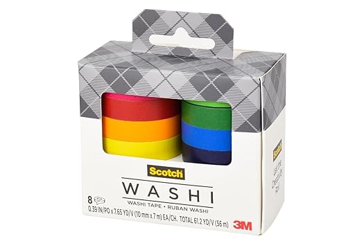 Scotch Washi Tape, Solid Color Rainbow Design, 8 Rolls, Great for Bullet Journaling, Scrapbooking and DIY Décor (C1017-8-SOL1)