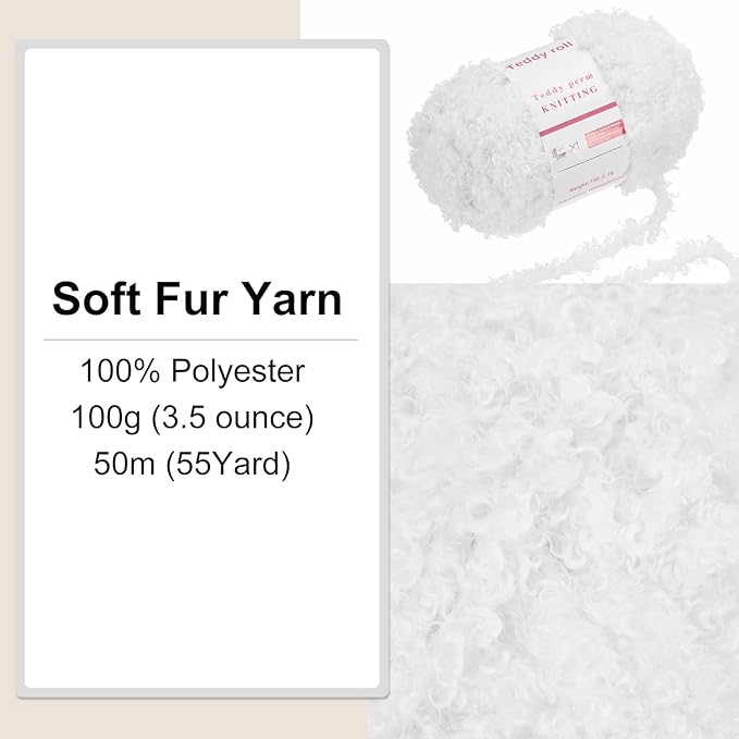 MECCANIXITY Fur Yarn Soft Fluffy Chunky Yarn Fuzzy Eyelash Yarn White for Crocheting Knit Clothes Bag - 55Yard/50m, 3.38ozx1