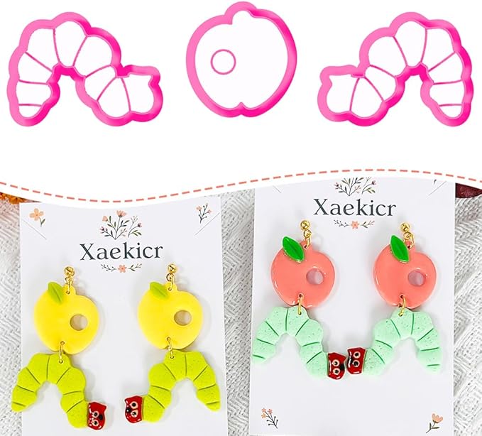 Xaekicr Whimsical Worm and Apple Polymer Clay Cutters – 3PCS Clay Earring Cutters Set for DIY Fruit Insect Jewelry Making – Clay Tools and Polymer Clay Molds