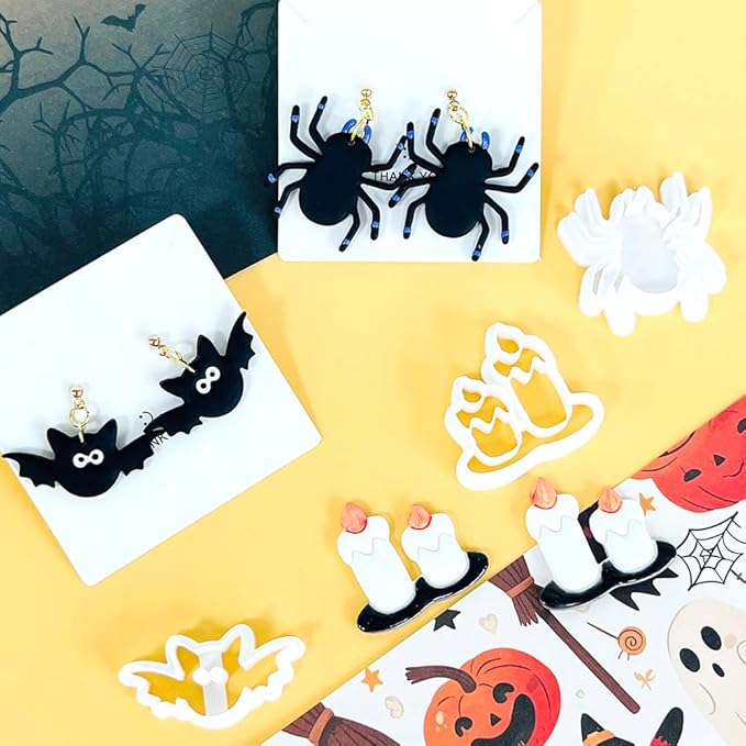 Xaekicr Halloween Polymer Clay Cutters Set – 8Pcs Halloween Clay Earring Cutters with Ghost, Witch Hat, Bat, Spider – Polymer Clay Molds & Clay Tools for DIY Jewelry