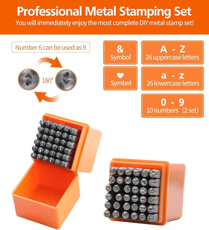 74pcs Metal Stamping Kit, DkOvn Complete Jewelry Making Stamping Tools with 1/8" (3mm) Font Uppercase & Lowercase Letter and Number Punch, Metal Stamping Jig, Hammer and Steel Bench Block
