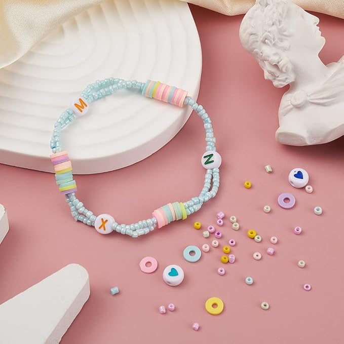 3185 Pcs Glass Seed Beads Bracelet Making Kit, Includes Glass Seed Beads, Flat Round Opaque White Acrylic Beads & Polymer Clay Beads with Elastic Cord, DIY Art Craft Gift for Girls