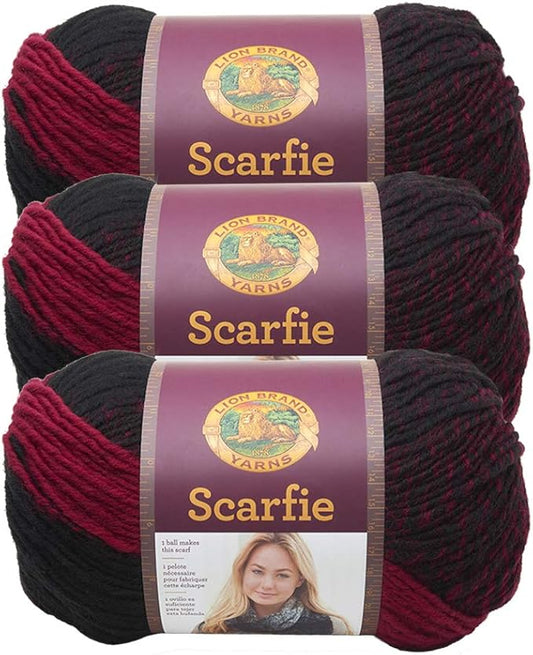 (3 Pack) Lion Brand Yarn Scarfie Bulky Yarn, Cranberry/Black