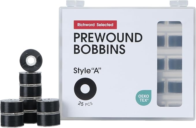 Poolin Prewound Bobbins Richword Selected Black 25pcs Size A Bobbins, Plastic Sided, 70D/2(60WT) Polyester Bobbin Thread for Single Needle Embroidery and Sewing Machine