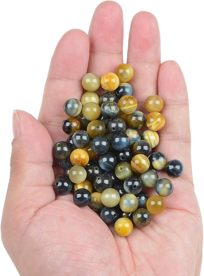bymitel 140pcs crystal beads stone gemstone round energy healing loose beads with stretch cord for jewelry making bracelets anklets (yellow blue tiger's eye, 8mm 140pcs)