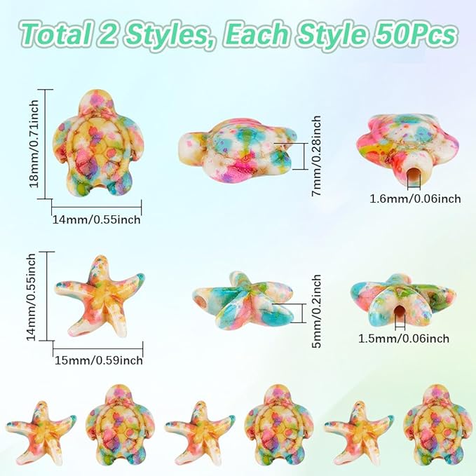 SUNNYCLUE 1 Box 100Pcs Colorful Turtle Beads Star Fish Beads Large Summer Hawaii Beach Gemstone Sea Life Ocean Animal Beads for Bracelet Making Beading Necklaces Keychains Crafts Supplies Women Adults
