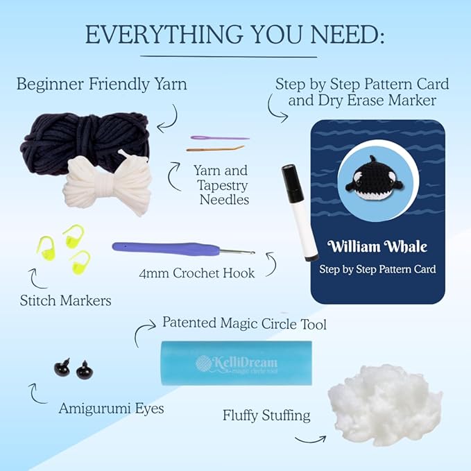 KelliDream Magic Circle Tool Inclusive Learn to Crochet Kit for Beginners; Step-by-Step Video Tutorials; All Supplies to Make Cute Amigurumi (Whale)