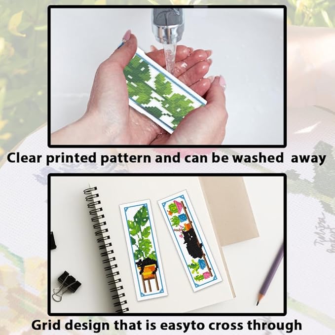 ACRNIGHEET 6PCS Cross Stitch Bookmark Kits Cute Cat and Plants Pattern Stamped Cross Stitch Kits for Beginners Adults DIY Stamped Embroidery Bookmarks with Instructions Hand Embroidery Craft Gift 11CT