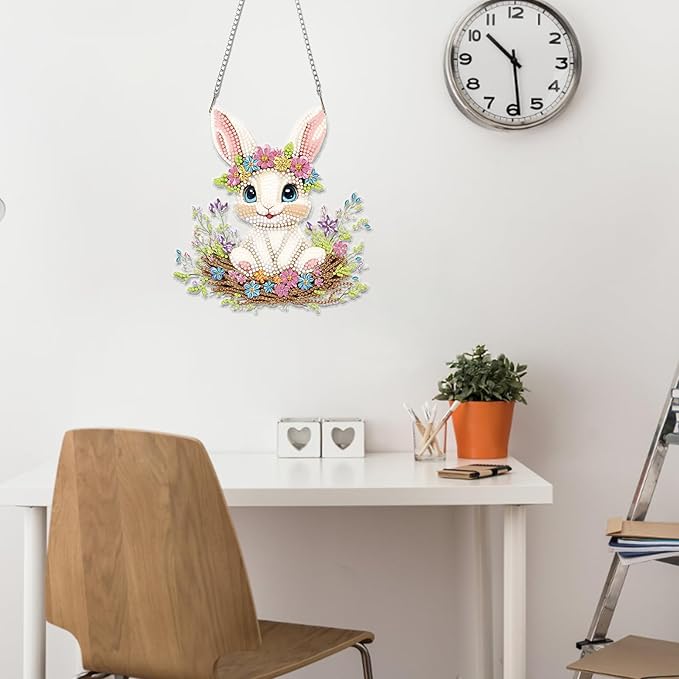 Miwixy Easter Hanging Diamond Art Kits for Adults,Rabbit Special Shaped Crystal Christmas Diamond Painting Ornament Kit DIY Double-Sided Pattern Window Pendant Gem Art Kit for Home Wall Decor