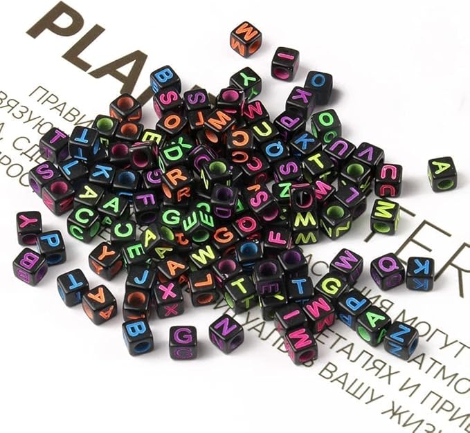 Acrylic Black Letter Beads Alphabet Colorful Letters Black Cube Bead, 6×6mm 900pcs, Friendship Bracelets Letter Beads Black Square