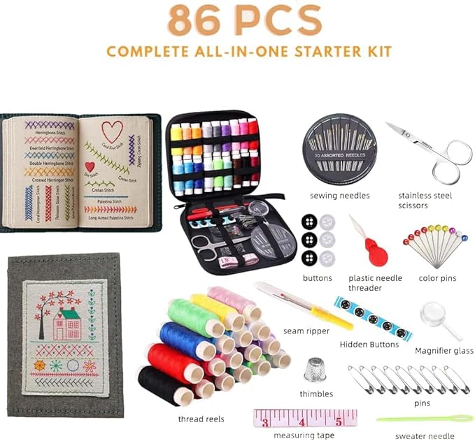 BEBIR New DIY Embroidery Stitch Book Kit,Gift for Craft Lovers,Includes Illustrated Guide to 106 Universal Embroidery Stitches with Free Tutorials and 86-Piece Sewing Tool Kit