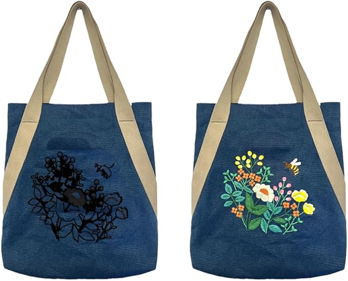 VWV-Whizzing Embroidery Canvas Tote Bag DIY Kit for Beginners, Complete with Pattern, Hoops, Color Threads, Tools & Detailed Instructions for Adults (15X16.5(in) Blue)
