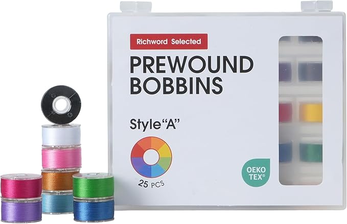 Poolin Prewound Bobbins Richword Selected 25PCS Colors Size A, Plastic Sided, 70D/2(60WT) Polyester Bobbin Thread for Single Needle Embroidery and Sewing Machine