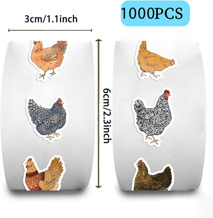 1000pcs chicken stickers roll, 2 rolls 10 styles cute hen and farm stickers, waterproof vinyl decals for water bottles laptops scrapbooking party favors classroom rewards