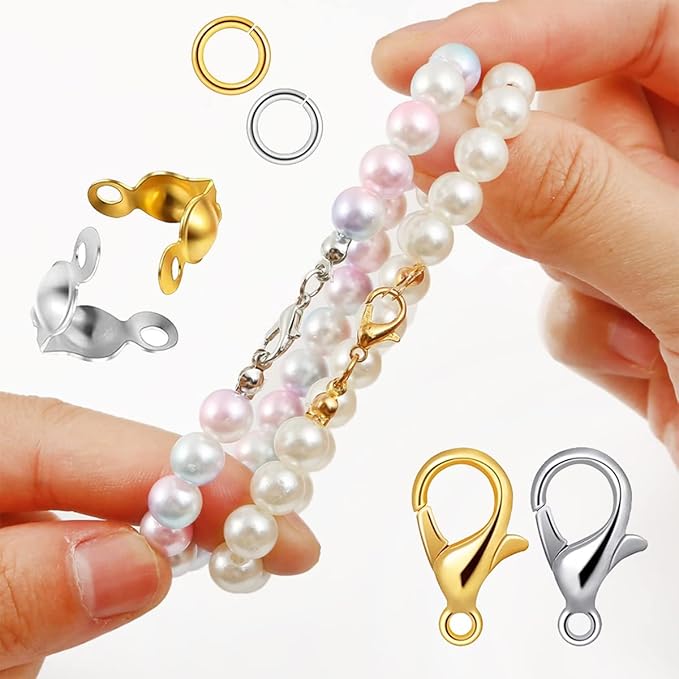 1250 Pieces Jewelry Making Accessories Set Includes 800 Pieces Open Jump Ring Connectors 300 Pieces Bead Tips Knot Covers and 150 Pieces Lobster Claw Clasps for DIY Jewelry Crafts Making (Gold)