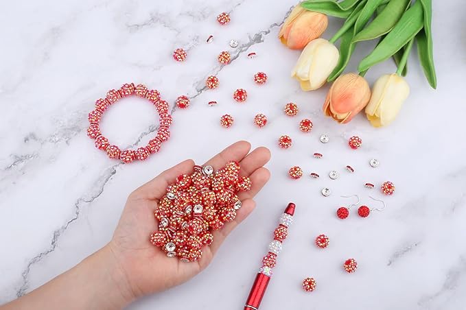 LAIDANLA 250pcs 12mm Red Rhinestone Beads and 8mm Rondelle Spacer Beads for Beadable Pens, Sparkly Shamballa Disco Baseball Bead for Jewelry Making Bracelets Necklace Earring DIY Craft