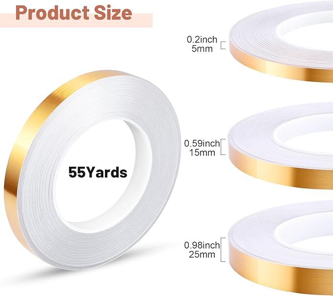 Zonon 3 Sizes Gold Self Adhesive Polyester Film Tape Washi Tape for Car Furniture Graphic Arts Walls Decor, 55 yds(5/15/25mm)